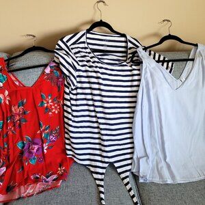 St John's Bay Navy & White Stipe & Old Navy V-Neck Tops 1 Light Blue & 1 Tropica